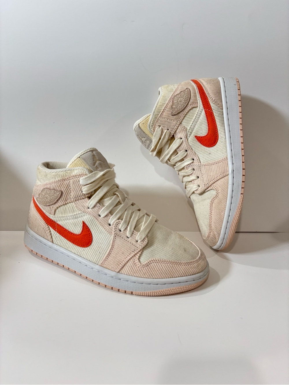 Nike air jordan mid corduroy Sneakers Cream & Peach with Orange Swoosh